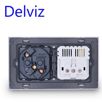 Delviz Dual Power Socket, Οικιακή έξοδος γκρι πάνελ, ενσωματωμένη δομή σκελετού από χάλυβα, μέγεθος 146*86mm, 16A Eu τυπική πρίζα τοίχου