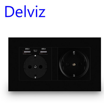 Delviz Dual Power Socket, Οικιακή έξοδος γκρι πάνελ, ενσωματωμένη δομή σκελετού από χάλυβα, μέγεθος 146*86mm, 16A Eu τυπική πρίζα τοίχου