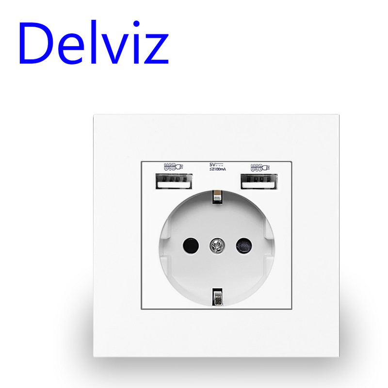Delviz EU standard USB-pesa, mobiiltelefoni laadimispesa, 86mm 16A pop koduarenduse pistikupesa, 5V USB seinapistikupesa