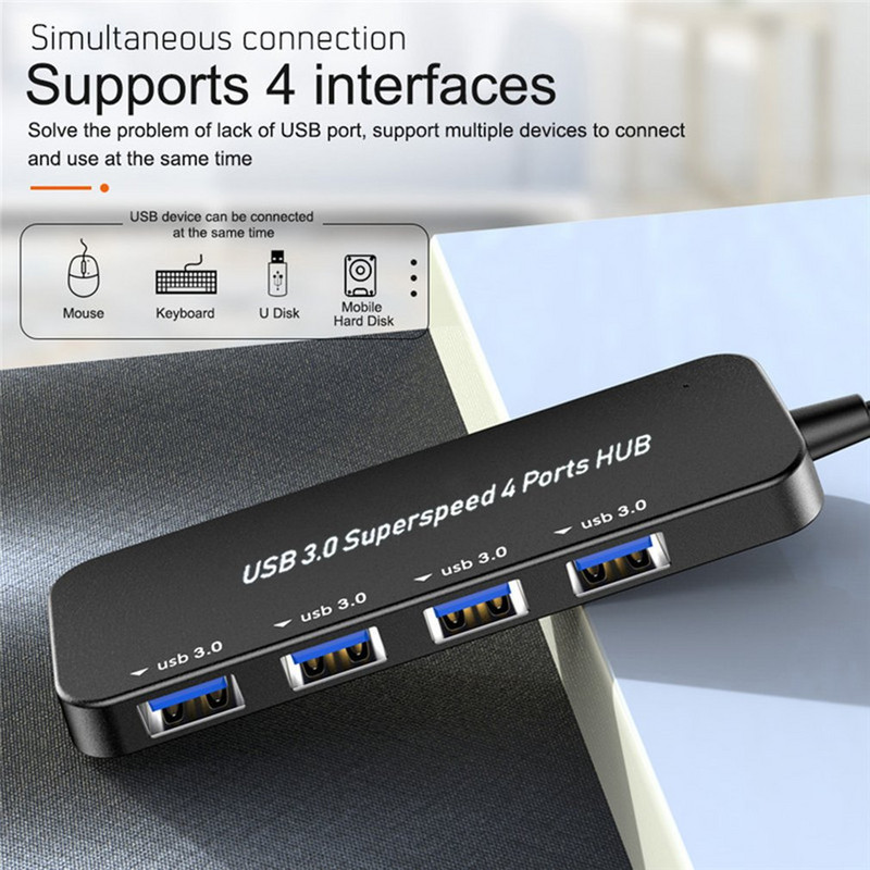 4-portový USB 3.0 HUB s vysokorýchlostným indikátorom rýchlosti, USB Hub pre viacero zariadení, počítač, notebook, stolný počítač, adaptér USB 3.0 HUB