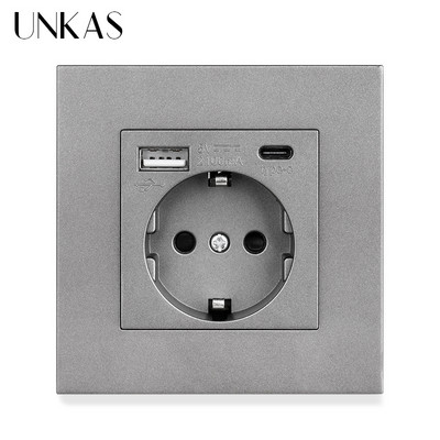 UNKAS EU műanyag panel C típusú USB port Szürke Spanyolország Fali konnektor tartó Oroszország Földelve Gyorstöltővel Telefon PC Flame