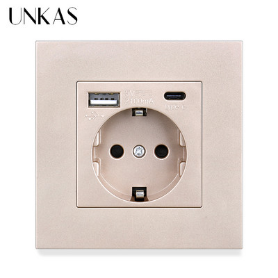 UNKAS EU műanyag panel C típusú USB port Szürke Spanyolország Fali konnektor tartó Oroszország Földelve Gyorstöltővel Telefon PC Flame
