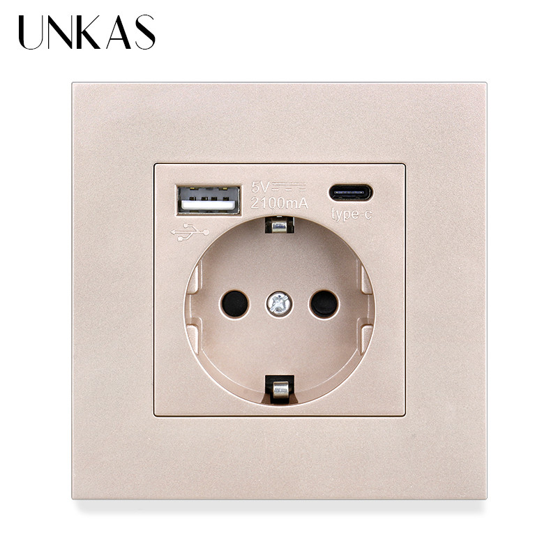 UNKAS EU műanyag panel C típusú USB port Szürke Spanyolország Fali konnektor tartó Oroszország Földelve Gyorstöltővel Telefon PC Flame