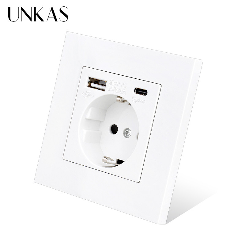UNKAS EU műanyag panel C típusú USB port Szürke Spanyolország Fali konnektor tartó Oroszország Földelve Gyorstöltővel Telefon PC Flame