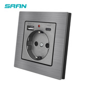 SRAN USB zásuvka 16A 250V elektrická zásuvka s Type-C a USB nabíjacím portom 2.1A 5V krištáľové sklo hliníková zliatina panel