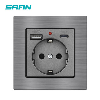 SRAN Usb стенен контакт 16A 250V електрически контакт с Type-c и USB порт за зареждане 2.1A 5V панел от кристално стъкло от алуминиева сплав