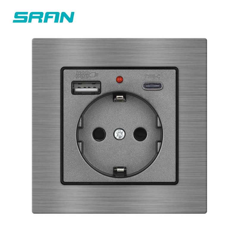 SRAN USB zásuvka 16A 250V elektrická zásuvka s Type-C a USB nabíjacím portom 2.1A 5V krištáľové sklo hliníková zliatina panel
