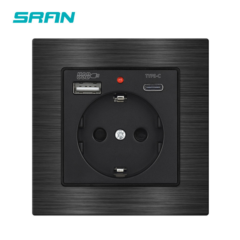 SRAN USB zásuvka 16A 250V elektrická zásuvka s Type-C a USB nabíjacím portom 2.1A 5V krištáľové sklo hliníková zliatina panel