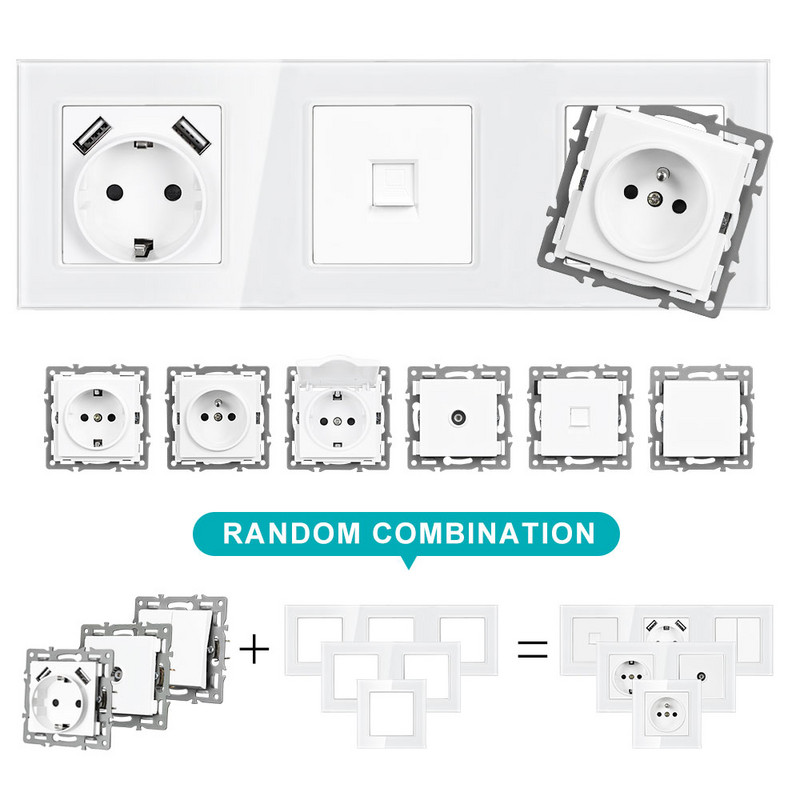 SRAN USB zásuvka 16A 250V elektrická zásuvka s Type-C a USB nabíjacím portom 2.1A 5V krištáľové sklo hliníková zliatina panel