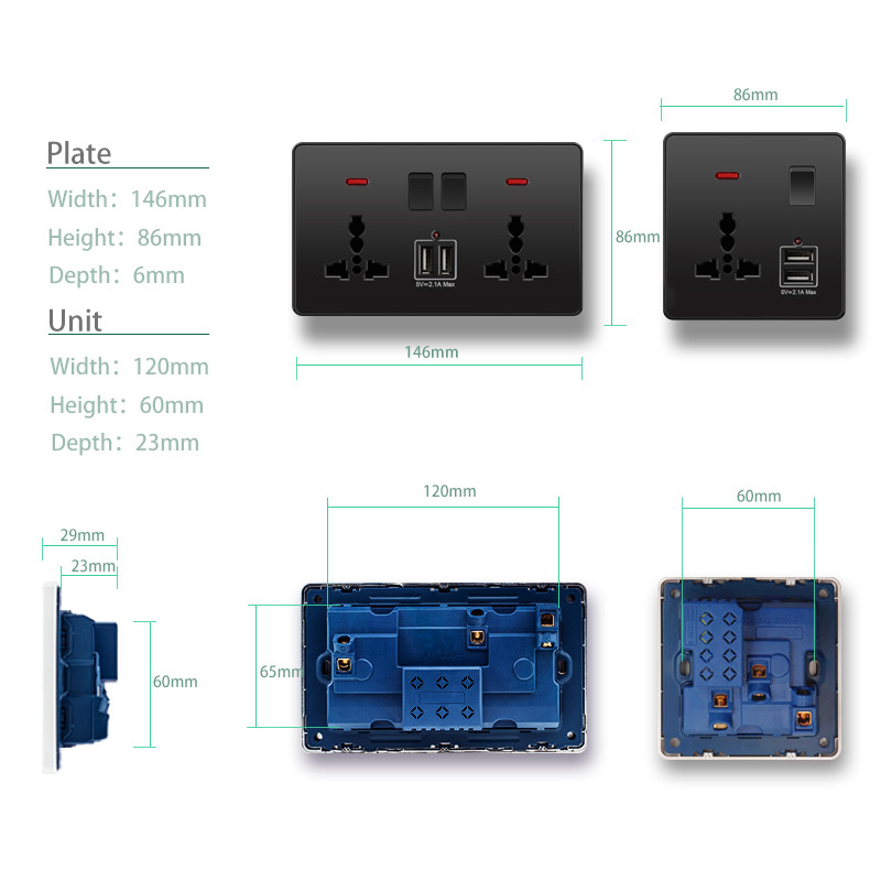 Avoir USB nástenná zásuvka EÚ štandardné elektrické zásuvky biela veľká plastová panelová multifunkčná zásuvka s vypínačom AC110-250V