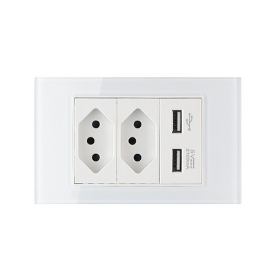 Doprava zdarma do Brazílie, biely tvrdený sklenený panel, USB zásuvka 2100ma, rozmer 120mm * 72mm s USB portami, nástenná zásuvka
