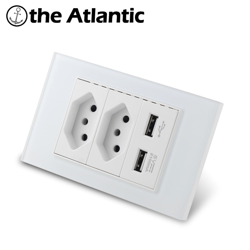 Doprava zdarma do Brazílie, biely tvrdený sklenený panel, USB zásuvka 2100ma, rozmer 120mm * 72mm s USB portami, nástenná zásuvka