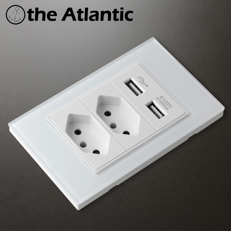 Doprava zdarma do Brazílie, biely tvrdený sklenený panel, USB zásuvka 2100ma, rozmer 120mm * 72mm s USB portami, nástenná zásuvka