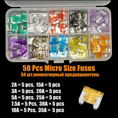 100/50 tk miniautokaitsmed, mootorsõidukite laba tüüpi mikrokaitsmed, sortiment karbis 2A/3A/5/A/7,5A/10A/15A/20A/25A/30A/35A