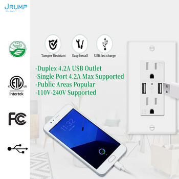JRUMP US Wall Power Διπλές πρίζες με Calss2 USB Quick Charger 5V/4.2A Παντζούρια ανθεκτικά σε παραβίαση Ένδειξη LED UL Listed