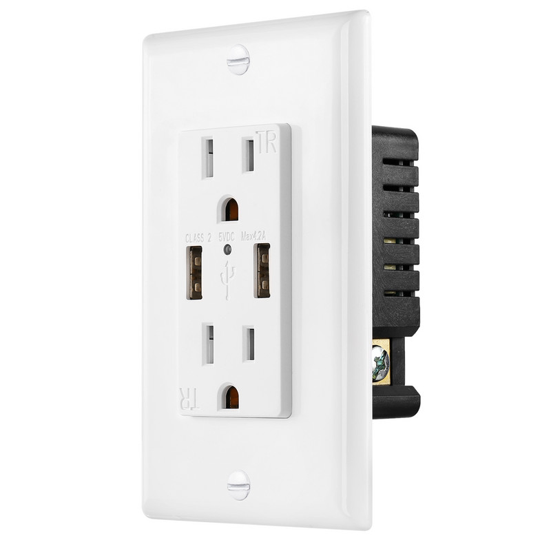 Dvojité nástenné zásuvky JRUMP US s rýchlonabíjačkou Calss2 USB 5V/4,2A, odolné voči neoprávnenej manipulácii, LED indikátor, UL certifikácia