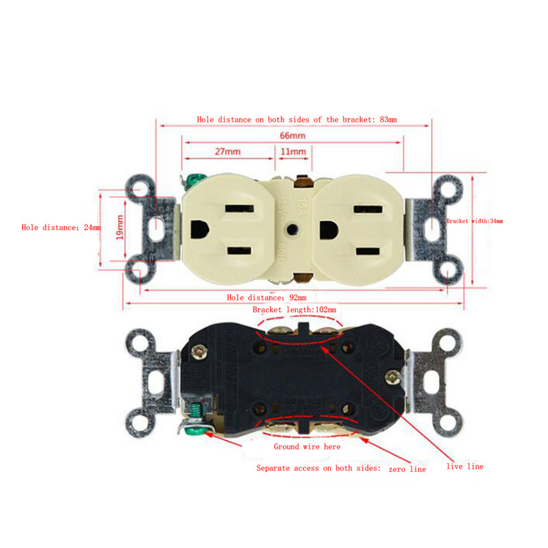 JAV lizdas sieninis laikiklis 15A sieninis elektros lizdas 3 skylių US 5-15R dvigubas sieninis maitinimo lizdas Kanada Japonija US Socket Wallpad