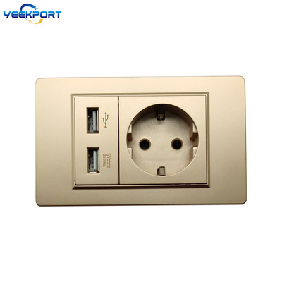 118 mm zásuvka EÚ pre domácnosť, nemecký štandard, zlatý PC panel s ohňovzdorným panelom, 16A, 2-otvorová, s 2 USB portami