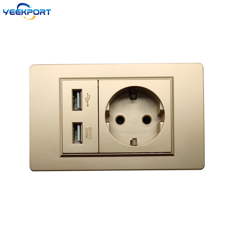 118 mm zásuvka EÚ pre domácnosť, nemecký štandard, zlatý PC panel s ohňovzdorným panelom, 16A, 2-otvorová, s 2 USB portami