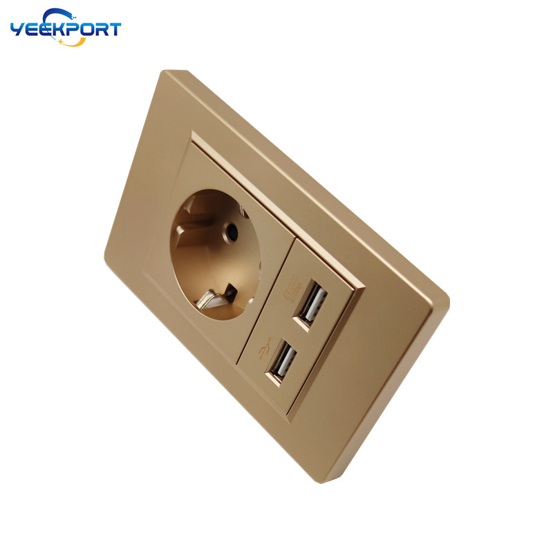 118 mm zásuvka EÚ pre domácnosť, nemecký štandard, zlatý PC panel s ohňovzdorným panelom, 16A, 2-otvorová, s 2 USB portami