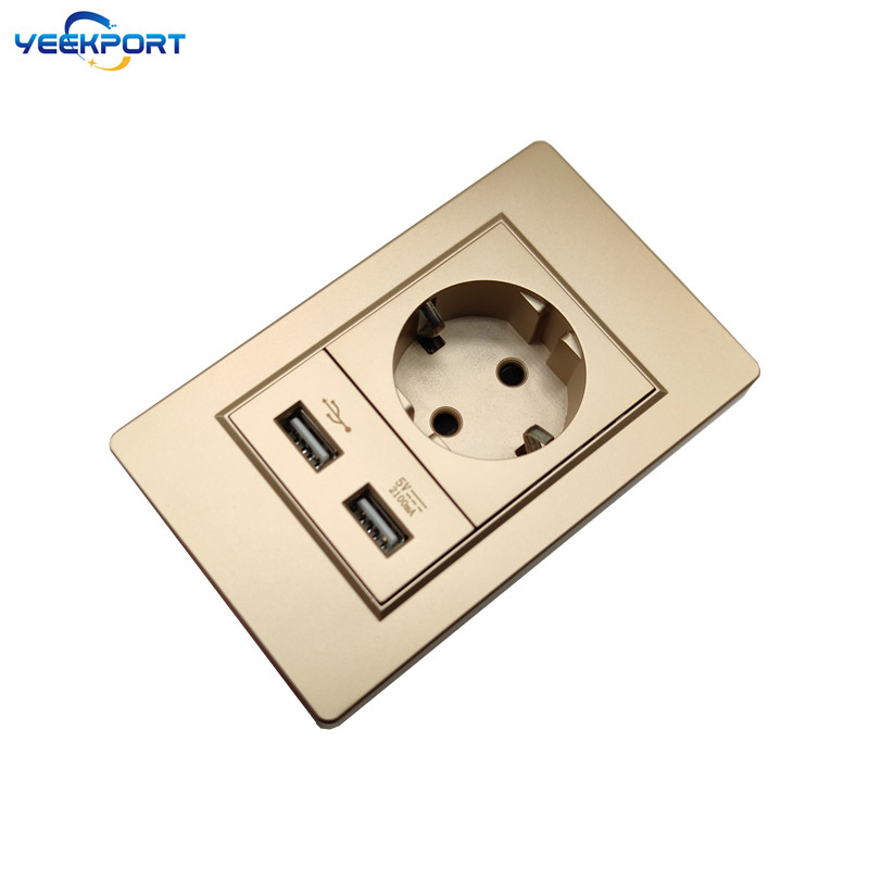 118 mm zásuvka EÚ pre domácnosť, nemecký štandard, zlatý PC panel s ohňovzdorným panelom, 16A, 2-otvorová, s 2 USB portami