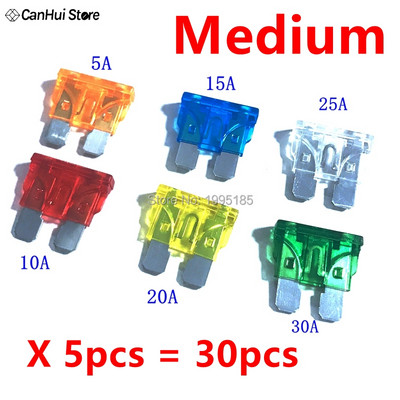 30 ks 5A10A15A20A25A30A x 5 ks M2/Mini/Small/Stredná sada automobilových poistiek Zmiešaná mini štandardná nožová poistka pre autá, nákladné autá, lode