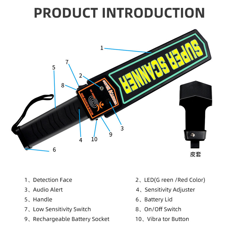 Ručný detektor kovov s vysokou citlivosťou, prenosný bezpečnostný skener s 9V batériou, elektronický merací nástroj na vyhľadávanie tela s kožou