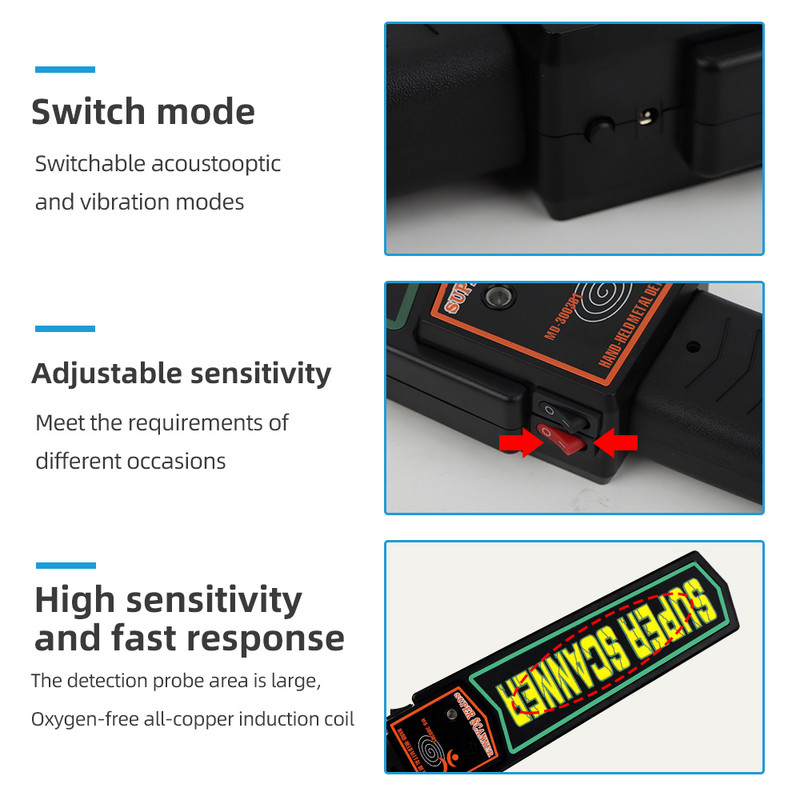 Ručný detektor kovov s vysokou citlivosťou, prenosný bezpečnostný skener s 9V batériou, elektronický merací nástroj na vyhľadávanie tela s kožou