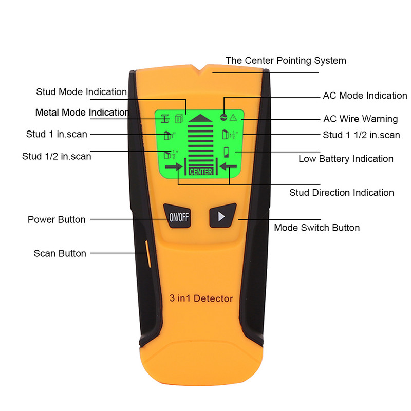 Fémdetektor Hordozható Professzionális LCD képernyő Akkumulátoros Hang emlékeztető Feszültség Fali szkenner Érzékelő Érzékelő