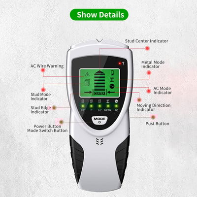 Detektor kovov 5 v 1 na vyhľadávanie kovových čapov, inteligentne detekuje umiestnenie alebo hĺbku kovových čapov a AC vodičov v stenách.