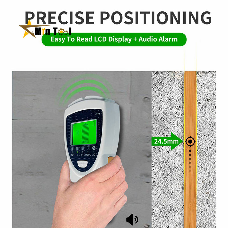 Detektor kovov 5 v 1 na vyhľadávanie kovových čapov, inteligentne detekuje umiestnenie alebo hĺbku kovových čapov a AC vodičov v stenách.