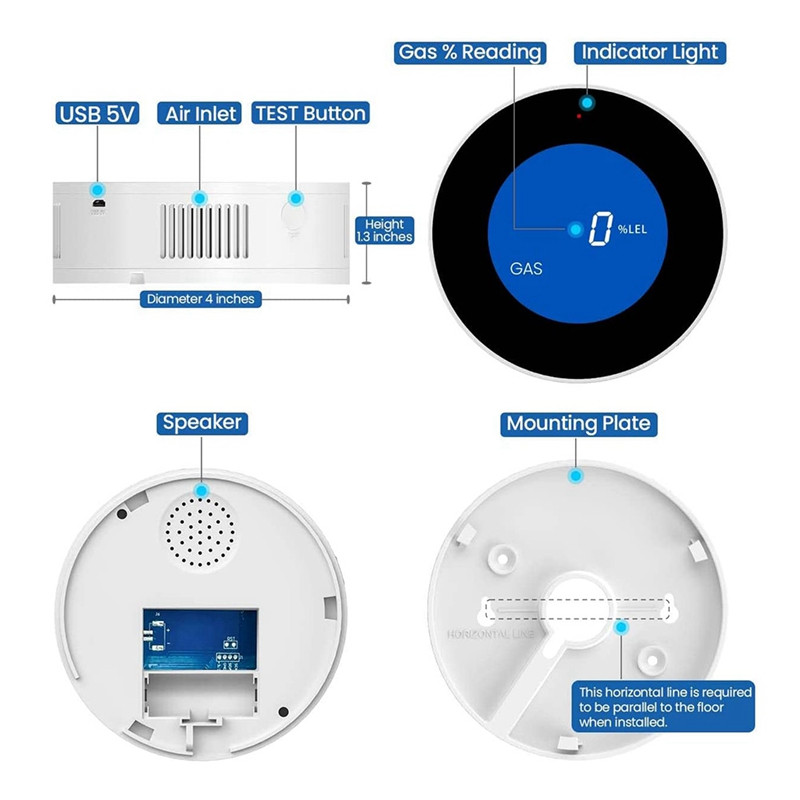Detektor zemného plynu do domácnosti, detektor propánu a metánu do kuchyne, presný digitálny displej, zvukový alarm, napájací kábel