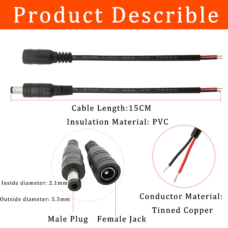 10 db 5,5x2,1 mm-es egyenáramú tápegység apa LED szalagos fénykábel csatlakozók 12V DC dugós csatlakozó CCTV kamera Pigtail vezetékes adapter