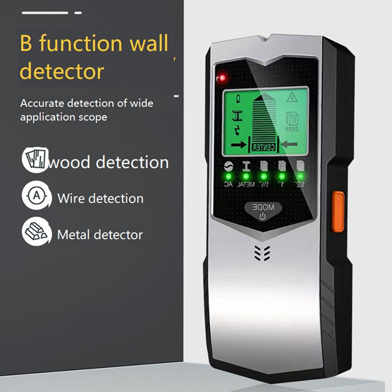 Detektor kovov 5 v 1, vyhľadávanie kovov, drevených stĺpikov, káblov, vodičov, hĺbkového sledovania, zelený podsvietený LCD HD displej