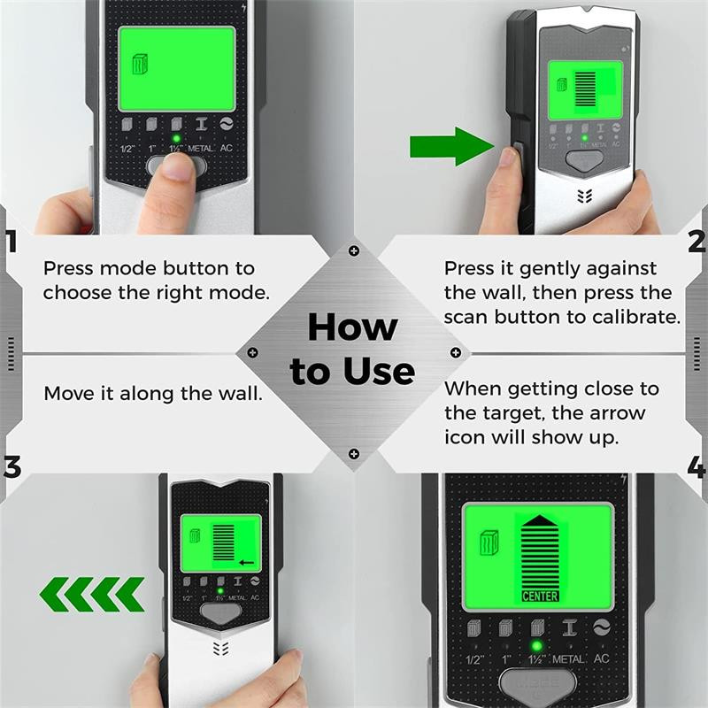 5 viename elektroninis detektorius Sieninis smeigių ieškiklis Jutiklis Sieninis skaitytuvas Kraštų centras Aptikti medžio siją / metalą / kintamos srovės laidus sienos viduje