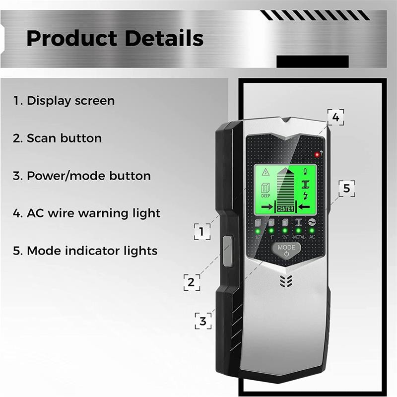 5 viename elektroninis detektorius Sieninis smeigių ieškiklis Jutiklis Sieninis skaitytuvas Kraštų centras Aptikti medžio siją / metalą / kintamos srovės laidus sienos viduje
