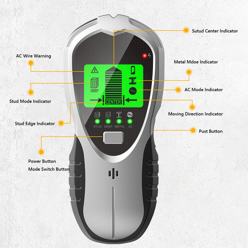 Nástenný skener 4 v 1, digitálny LCD displej, multifunkčný hĺbkový sledovač, ručný prenosný vyhľadávač drevených rúrok, plastový, napájaný z batérie