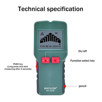 MAYILON MY6238 Мултифункционален метален детектор Скенер за материали 24mm-80mm дълбочина Метален кабел Инструменти за откриване на дупки в дърво за откриване на стени