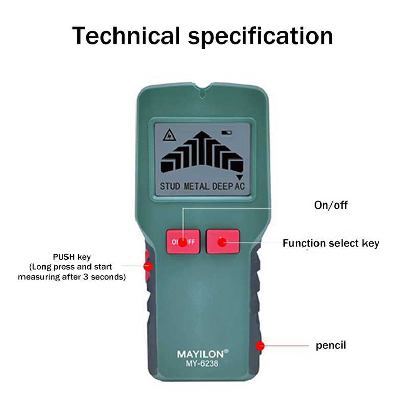 MAYILON MY6238 daudzfunkcionāls metāla detektora materiālu skeneris 24 Mm-80 Mm dziļuma metāla kabelis koka urbuma caurumu sienu noteikšanas rīki