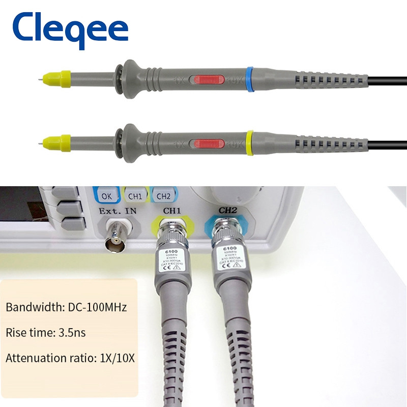 Cleqee P6100 2vnt 100MHz BNC osciloskopo zondo rinkinys DC-100MHz aligatoriaus klipų bandymo zondas skirtas Tektronix HP X1/X10