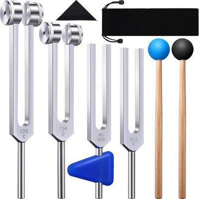 1/4 paketo derinimo šakių rinkinys (128 Hz, 256 Hz, 512 Hz, 528 Hz) su Tuning Fork plaktuku garsui gydyti garso vibracijos įrankiams