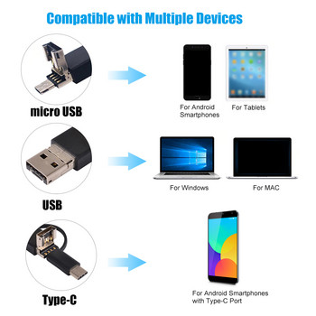 3-σε-1 Βιομηχανικό ενδοσκόπιο Borescope Camera Ενσωματωμένη 6 LED IP67 Αδιάβροχο ενδοσκόπιο USB Type-C για smartphone/PC Android
