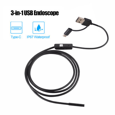 3-σε-1 Βιομηχανικό ενδοσκόπιο Borescope Camera Ενσωματωμένη 6 LED IP67 Αδιάβροχο ενδοσκόπιο USB Type-C για smartphone/PC Android