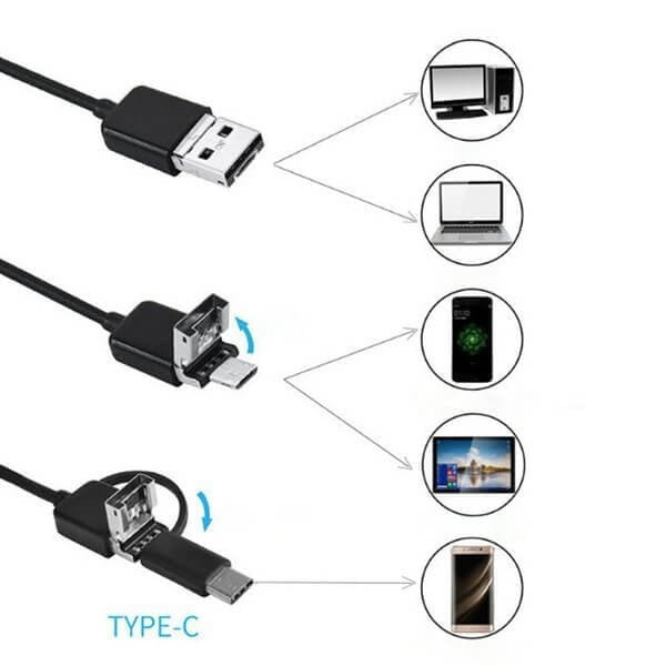 7 mm LED Androidi endoskoobikaamera 3-ühes USB/Mikro-USB/C-tüüpi boreskoobi kontrollkaamera nutitelefoni jaoks veekindel