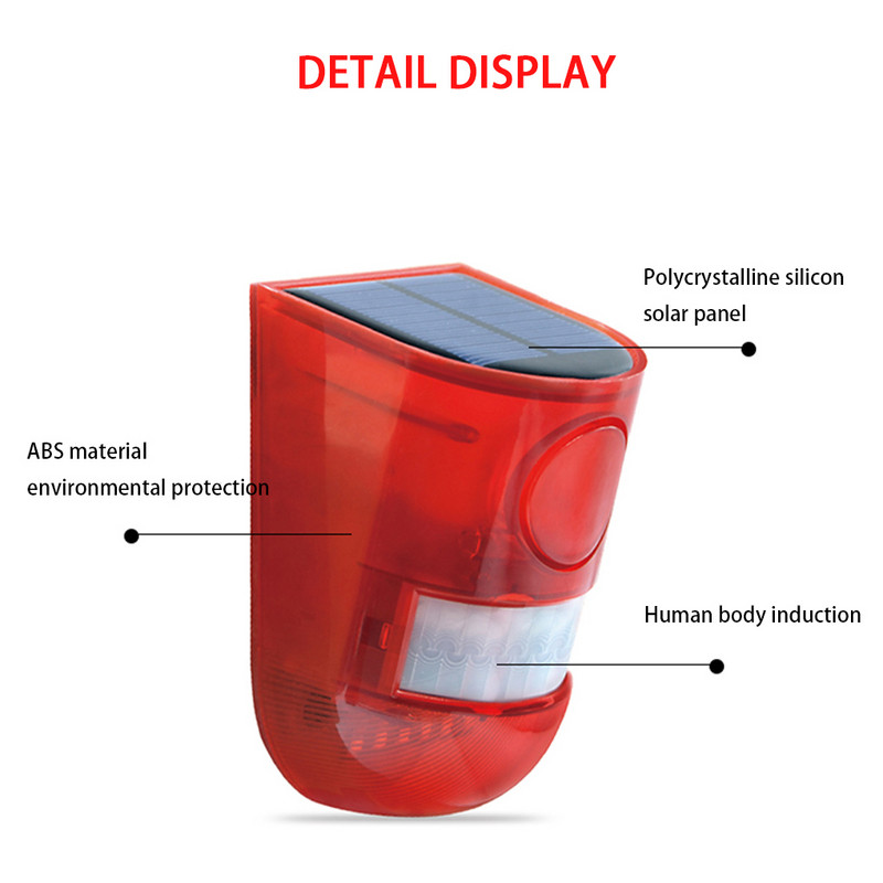 Ar saules enerģiju darbināms trauksmes gaismas kustības sensors, uzlādējams ūdensizturīgs skaņas gaismas drošības brīdinājums