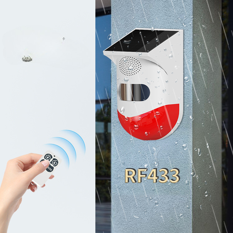 Bezdrôtové vonkajšie solárne svetelné alarmové zariadenie RF433 s infračerveným zvukovým svetelným alarmom, ktoré sníma ľudské telo