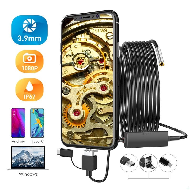USB endoskopas 3 viename Borescope 3,9 mm ultra plona vandeniui atspari kamera Micro USB ir C tipo, skirta Android Phone Windows PC Mac