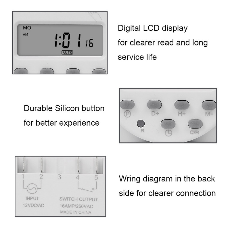 CN101A ekonomiškas modelis Mini laikmačio jungiklis 12v LCD skaitmeninis 7 dienų programuojamas laikmatis Orkaitės laikmačio jungiklis 16a laikmatis kintamosios srovės savaitės laikmatis