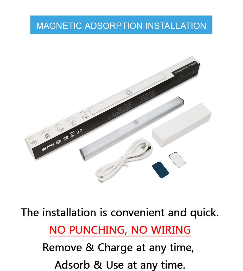 Bezmaksas piegāde Balts LED nakts gaismas kustības sensors bezvadu USB uzlādējams 20 30 40 50 cm nakts lampa virtuves skapja sienai