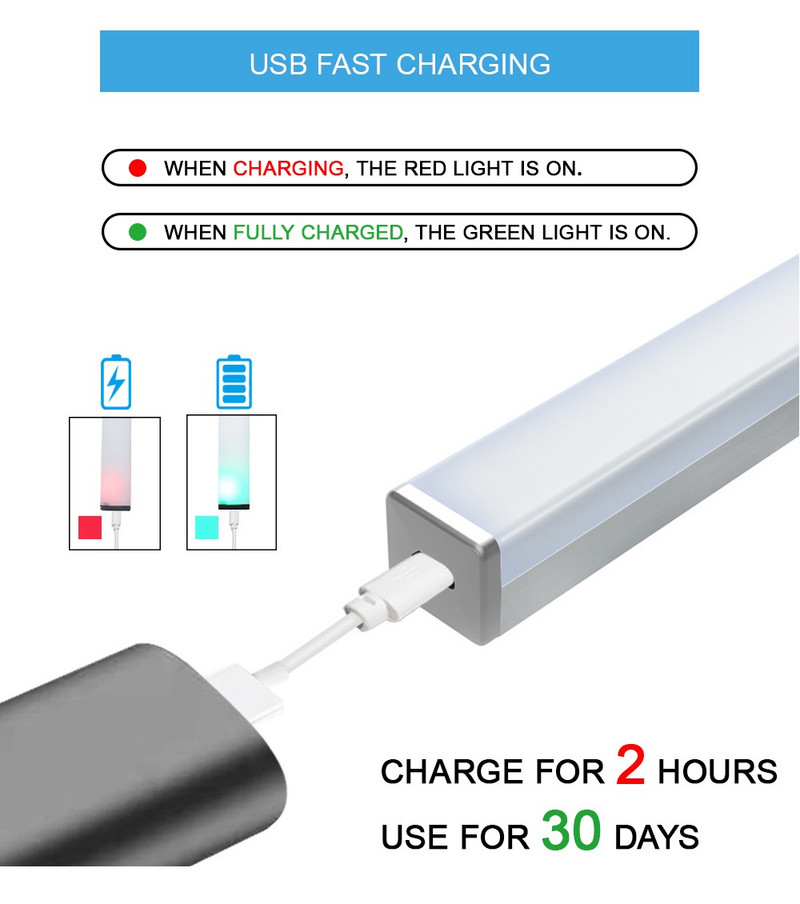 Bezmaksas piegāde Balts LED nakts gaismas kustības sensors bezvadu USB uzlādējams 20 30 40 50 cm nakts lampa virtuves skapja sienai